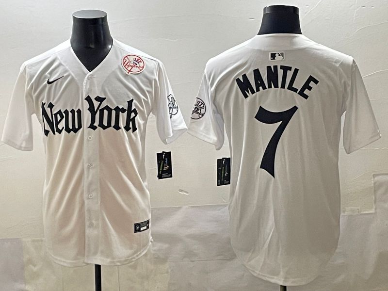 Men 2025 New York Yankees #7 Mantle White Five generations Joint Name Nike MLB Jersey style 10